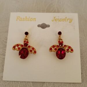Fashion Jewelry Gold-Tone Earrings with Deep Red Stones